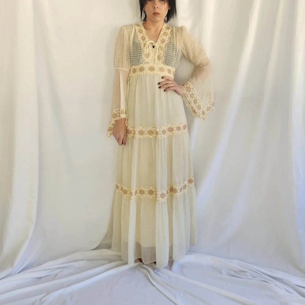 70s Cream Bell Sleeve Prairie Dress - Picture 2 of 6